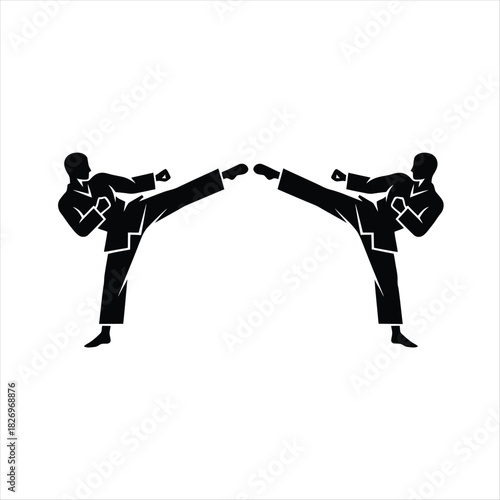 Karate Kick Illustration Black Silhouette, Martial Arts Graphic Design, Combat Sport Vector, Fighting Position, Fitness, Training