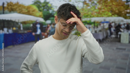 Man wearing glasses and white shirt touches curly hair with hand on head at outdoor street market in the city; frustration.