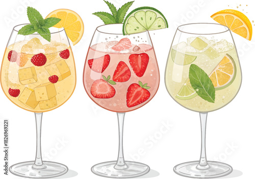 Colorful Refreshing Beverages with Ice & Garnish ? Citrus & Berry Drink Illustration for Ads.eps
