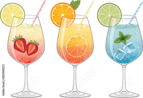 Red, Orange & Blue Fizzy Beverages with Ice & Garnish ? Refreshing Fruit Drink Art for Ads.eps
