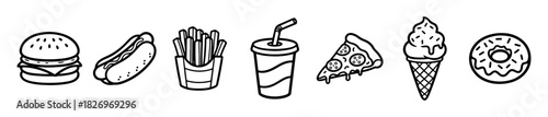 A fast food icon set featuring burger, fries, soda, pizza, ice cream, and donuts. Perfect for food or pop culture visuals.