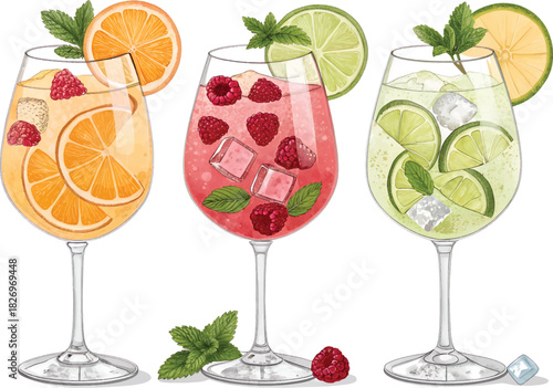 Colorful Ice-Filled Beverages with Lime, Orange & Mint ? Healthy Drink Illustration for Ads.eps