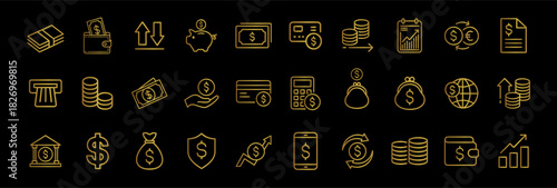 Finance icon set, loan, cash, saving, budget, profit, revenue, money, bank, deposit, wallet, coins, money bag, banknote, donation box, payments elements, outline and solid icons collection.