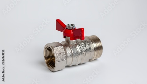 Metal ball valve with red handle for plumbing isolated on white