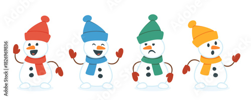 Cute winter snowman characters in colorful hats and scarves showing happy, sad and surprised emotions. Vector cartoon illustration.