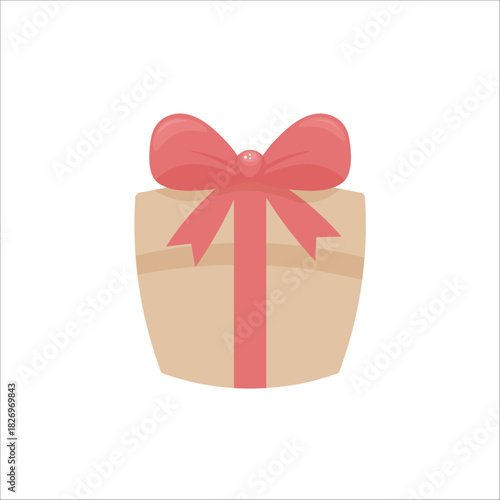 Hand-drawn beige gift box with a soft red ribbon and bow on white background. Ideal for festive clipart, cozy design sets, greeting cards, and seasonal illustrations.