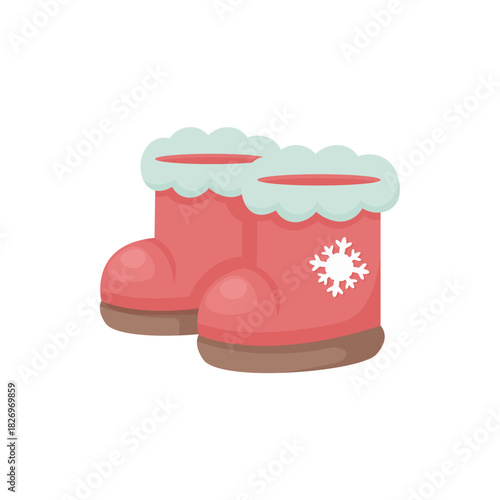 Hand-drawn pair of red winter boots with fluffy white trim and snowflake detail. Soft pastel palette. Perfect for cozy clipart, seasonal sets, children’s illustrations, and festive design elements.