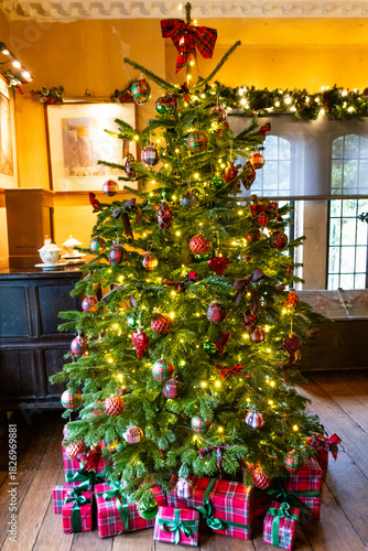 Close up of Christmas decorations on a Christmas tree