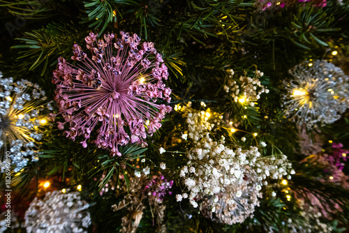 Close up of Christmas decorations, painted seed heads
