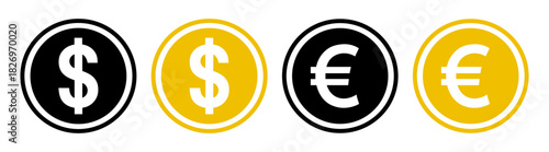 Currency money dollar euro finance icons set on transparent background