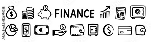 Finance icon set with money, piggy bank, wallet, chart, calculator, safe, banknote, coin, credit card, and payment symbols on transparent background