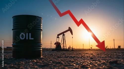 Oil barrel near oil pump jack with a declining red arrow. Financial market forecast showing decreasing price statistics. Global economy concept.