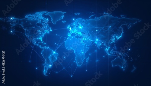 Global connections shine on a modern world map, ideal for illustrating international networks, data streams, or worldwide business reach with vibrant blue hues