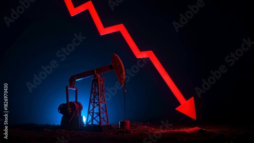 Declining oil pumpjack production with downward trend arrow. Global market recession with decreasing energy demand concept.