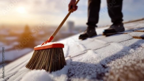 Wallpaper Mural Roof Clearing Amidst Winter's Embrace: An individual diligently clears snow from a rooftop with a brush, symbolizing winter work, safety, and maintaining the house amidst the serene cold weather. Torontodigital.ca