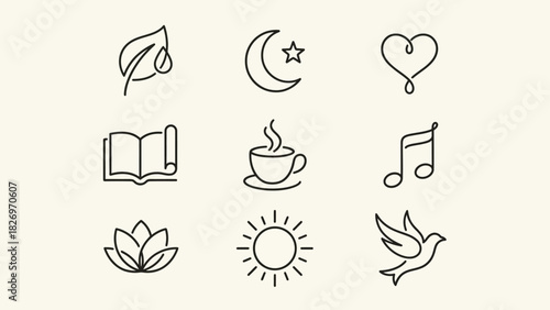 Clean Outline Icons Set Daily Essentials Nature Spirituality Love