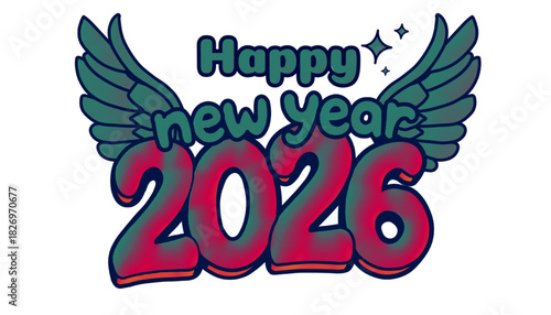 A stylized graphic featuring "Happy New Year 2026" in a bubble-letter font with a gradient from teal to pink, decorated with teal wings and stars.
