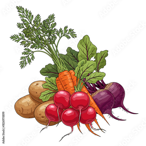 Bunch of root vegetables including potatoes, carrots, and radishes  
