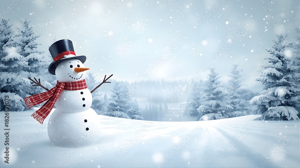Fototapeta premium Cheerful Snowman in a Peaceful Winter Wonderland