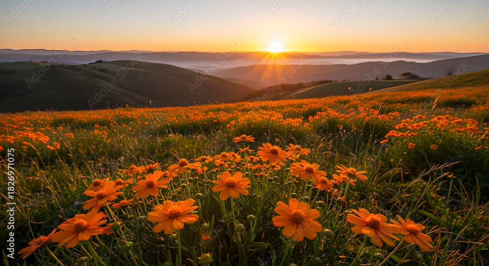 Fototapeta premium Sunset Serenade over Golden Meadow — Vibrant Wildflowers and Rolling Hills