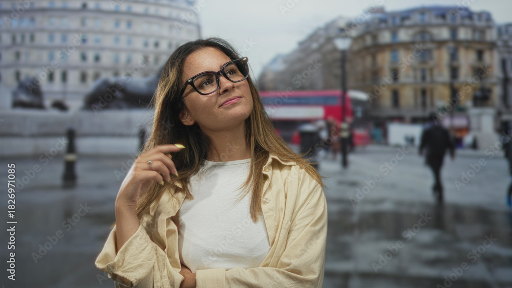 Fototapeta premium Woman wearing glasses touches her hair and looks up on a rainy city street near historic buildings, casual shirt and ring visible; contemplation.