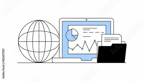 Global Business Report with Laptop Folder and Earth Vector Illustration Representing International Finance and Trade Data Analysis