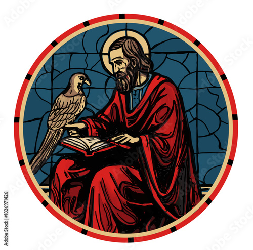 A medieval-style circular stained-glass window depicting Saint Francis with an open book, gently interacting with a perched falcon against a geometric blue glass background.