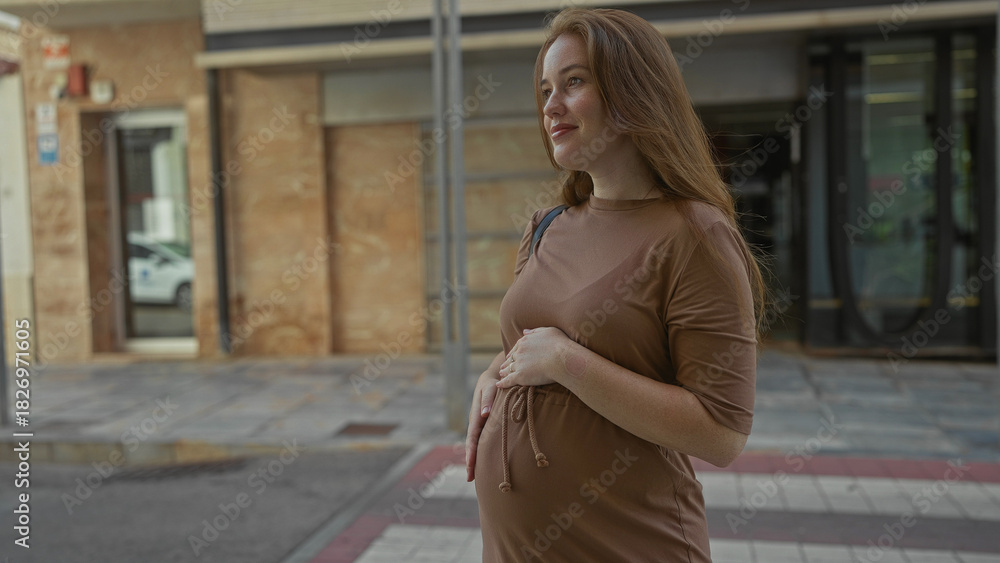 Fototapeta premium Young caucasian pregnant woman gently holding belly on city street with blurred storefronts and tiled pavement under soft daylight; serenity.
