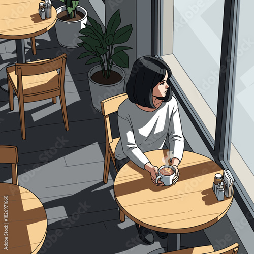 Woman sitting alone in cafe with cup of coffee in soft light  