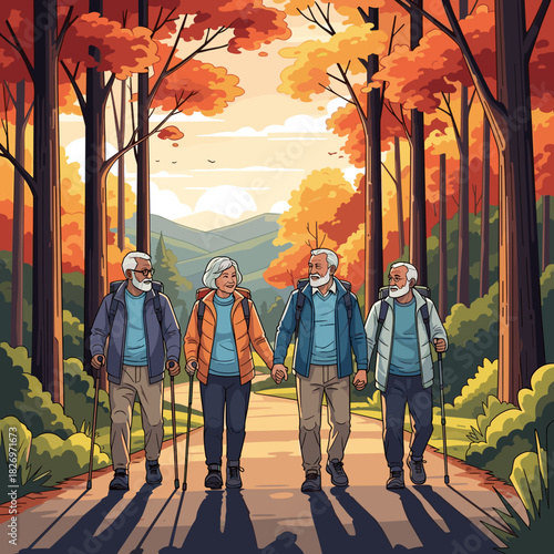 Seniors walking on a trail in autumn forest with colorful trees  