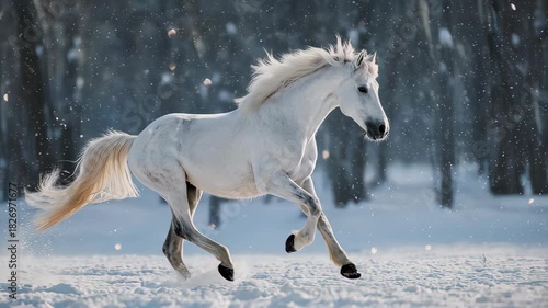 A magnificent white horse with a flowing mane and tail gallops through a pristine, snow-covered winter forest.