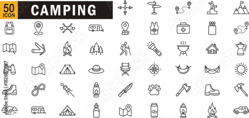 Camping editable outline icon set. Hiking trekking outdoor adventure forest travel mountain camping gear nature exploration and more