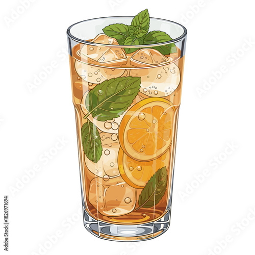 Iced herbal infusion with lemon and mint in a tall glass  