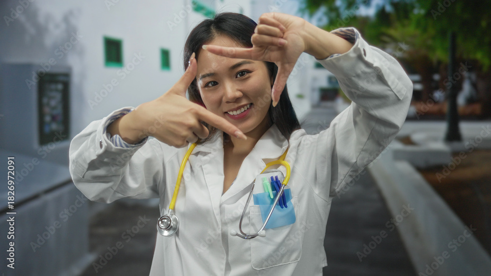Obraz premium Young chinese woman doctor in uniform with stethoscope outdoors making hand frame gesture on street.