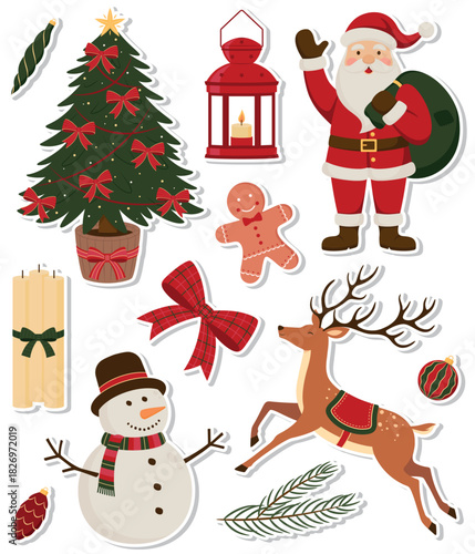 Vector winter sticker pack. Christmas festive symbols and design elements - Christmas tree, lantern, Santa Claus, candles, gingerbread cookie, bow, snowman, reindeer, spruce branch and tree ornaments.