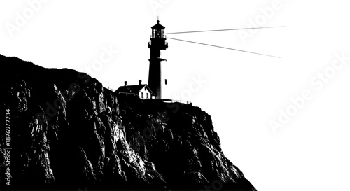 Dramatic silhouette of a lighthouse perched atop a rugged cliff coastline  illuminating the night