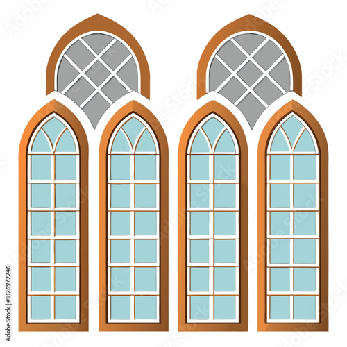 Gothic Cathedral Window Vector Set: Arched Quadruple Lancet and Oriel Style Architecture