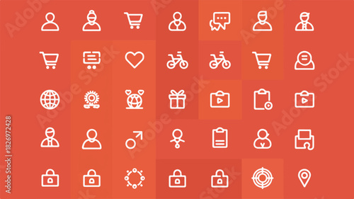 Set of white line icons on an orange gradient background representing various user interface elements and concepts