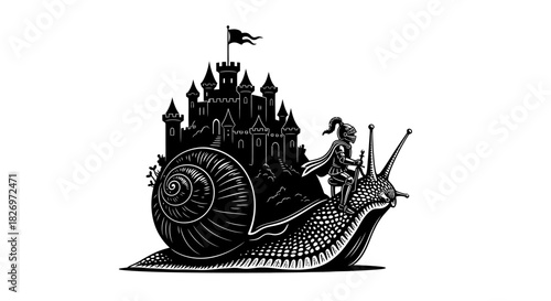 Whimsical Illustration of a Knight Riding a Snail with a Castle on Its Back art