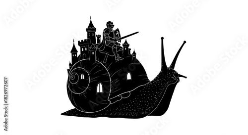 Whimsical illustration of a knight on a snail shell castle against white background