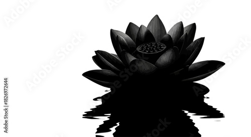 Striking black and white lotus flower on water with stunning reflections creating a sense of peace