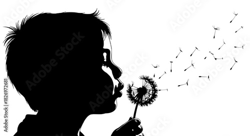 Silhouette of a child blowing dandelion seeds into the wind evoking carefree innocence