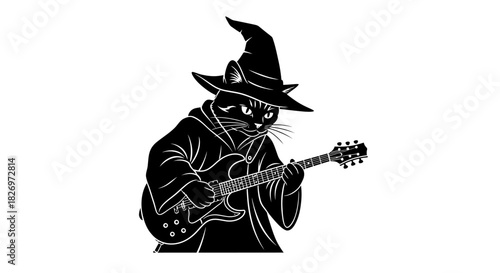 Whimsical Illustration of a Black Cat Wizard Playing an Electric Guitar Concept