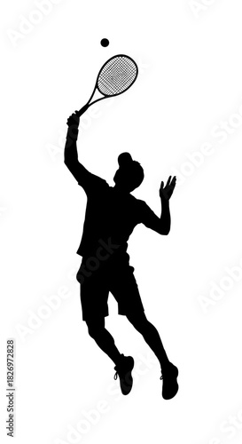 Silhouette of a tennis player serving, athletic pose and ball in motion, perfect for sports