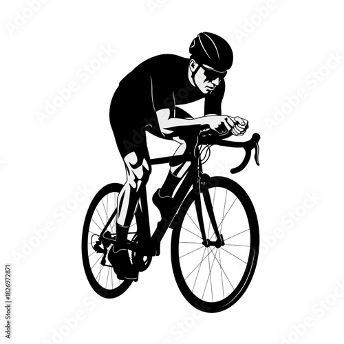 Black and white cyclist illustration in intense action offering a dynamic visual appeal