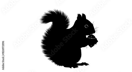 Squirrel Silhouette with Acorn on White Background for Wildlife Illustration