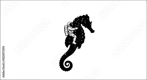 Whimsical Illustration Featuring an Astronaut Riding a Celestial Seahorse Creature