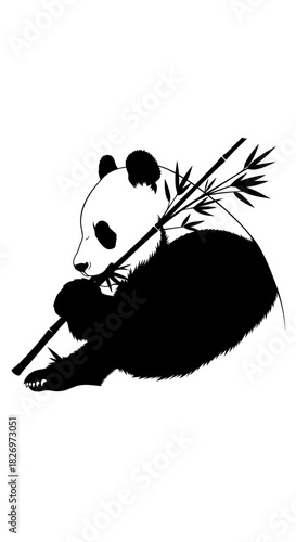Minimalist depiction of a panda bear clutching bamboo branches in a black and white drawing