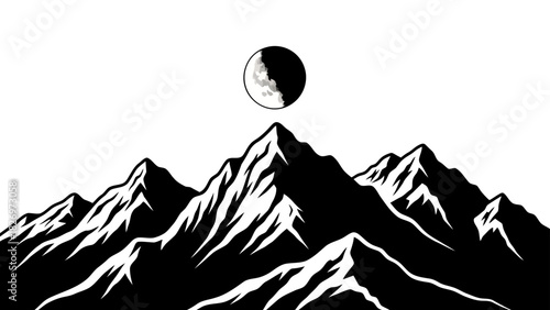 Dramatic mountain range silhouette under a half moon in black and white illustration