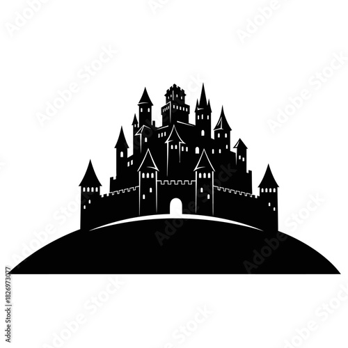 Silhouette of a majestic castle perched atop a hill evokes fairy tales and fantasy realms